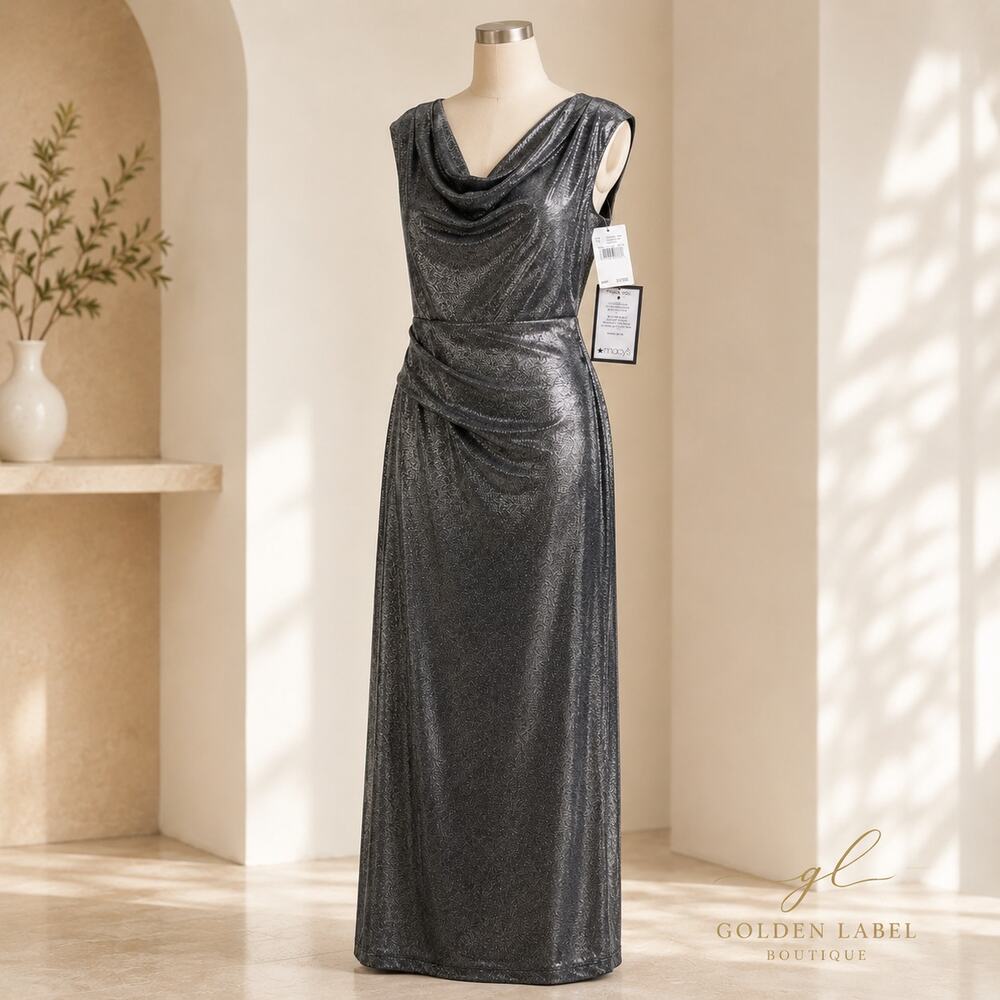 Connected Apparel Size 10 Silver Metallic Cowl Neck Maxi Dress NWT - Picture 3 of 10